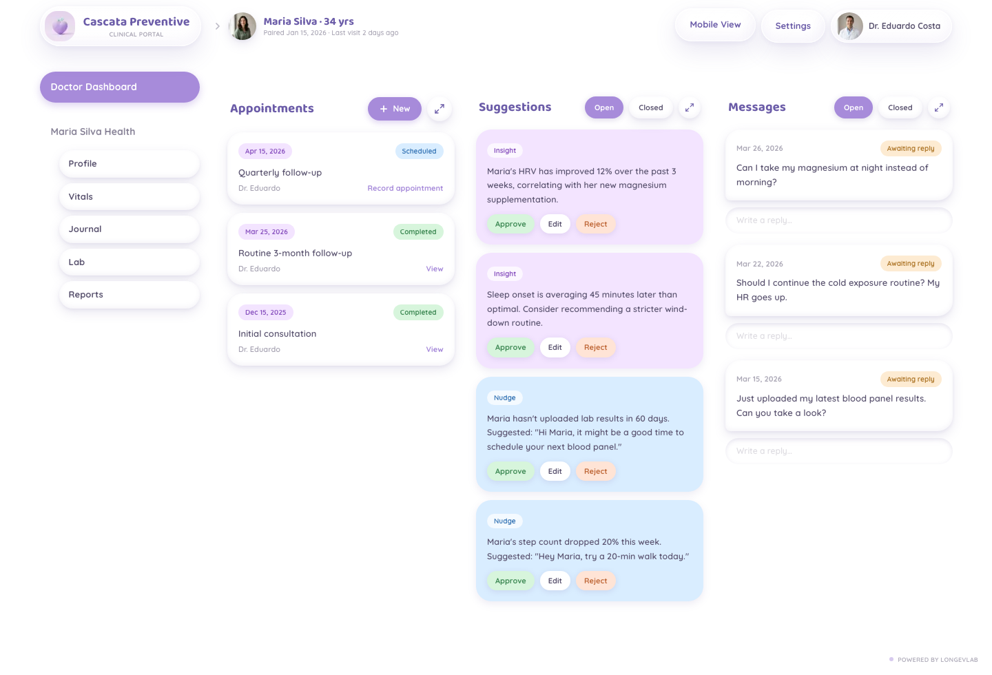 LongevLab patient dashboard screenshot