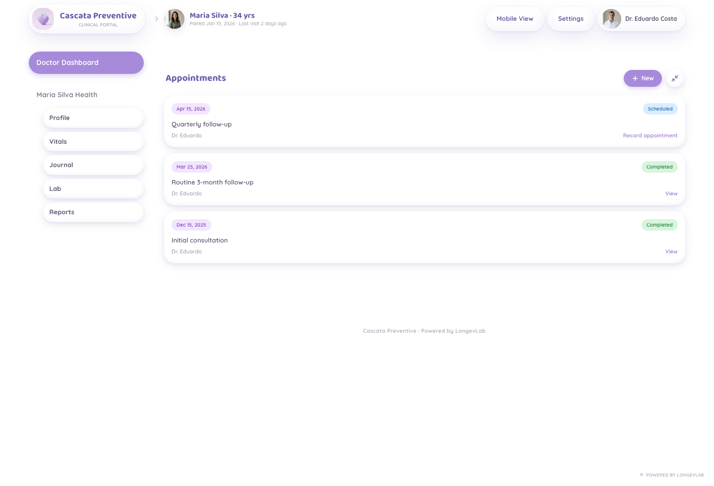 LongevLab appointments screenshot