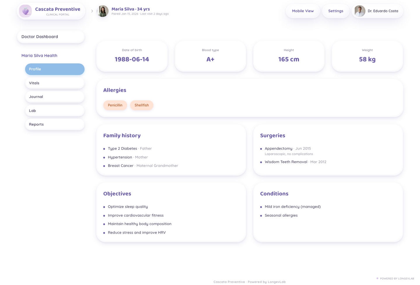 LongevLab patient profile screenshot