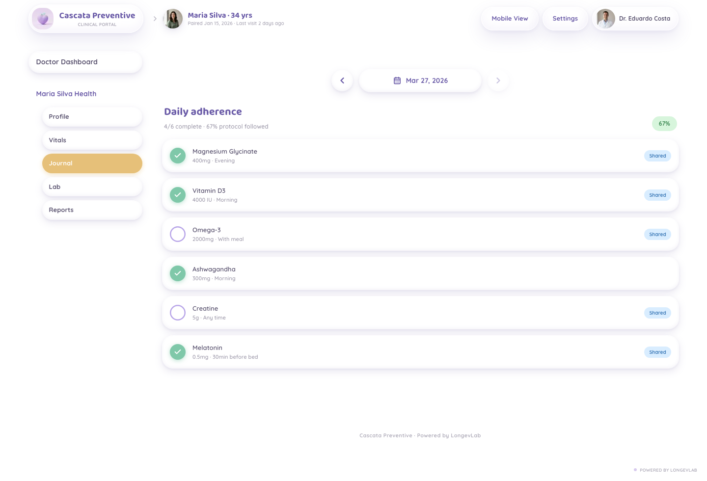 LongevLab patient journal screenshot