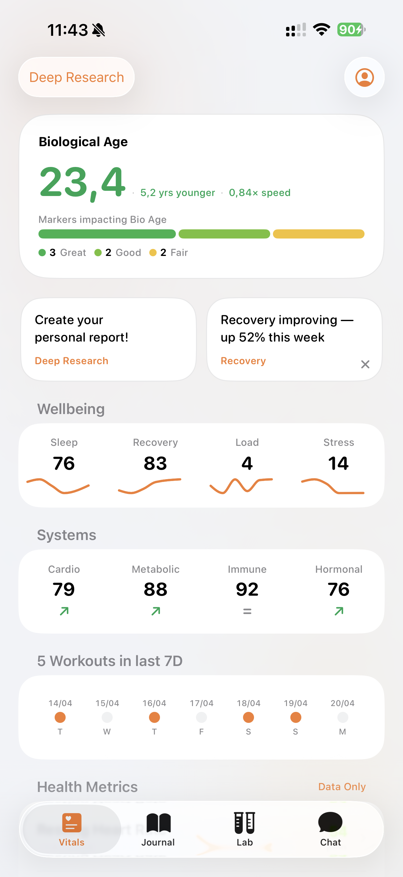 LongevLab vitals screenshot inside iPhone 16 frame