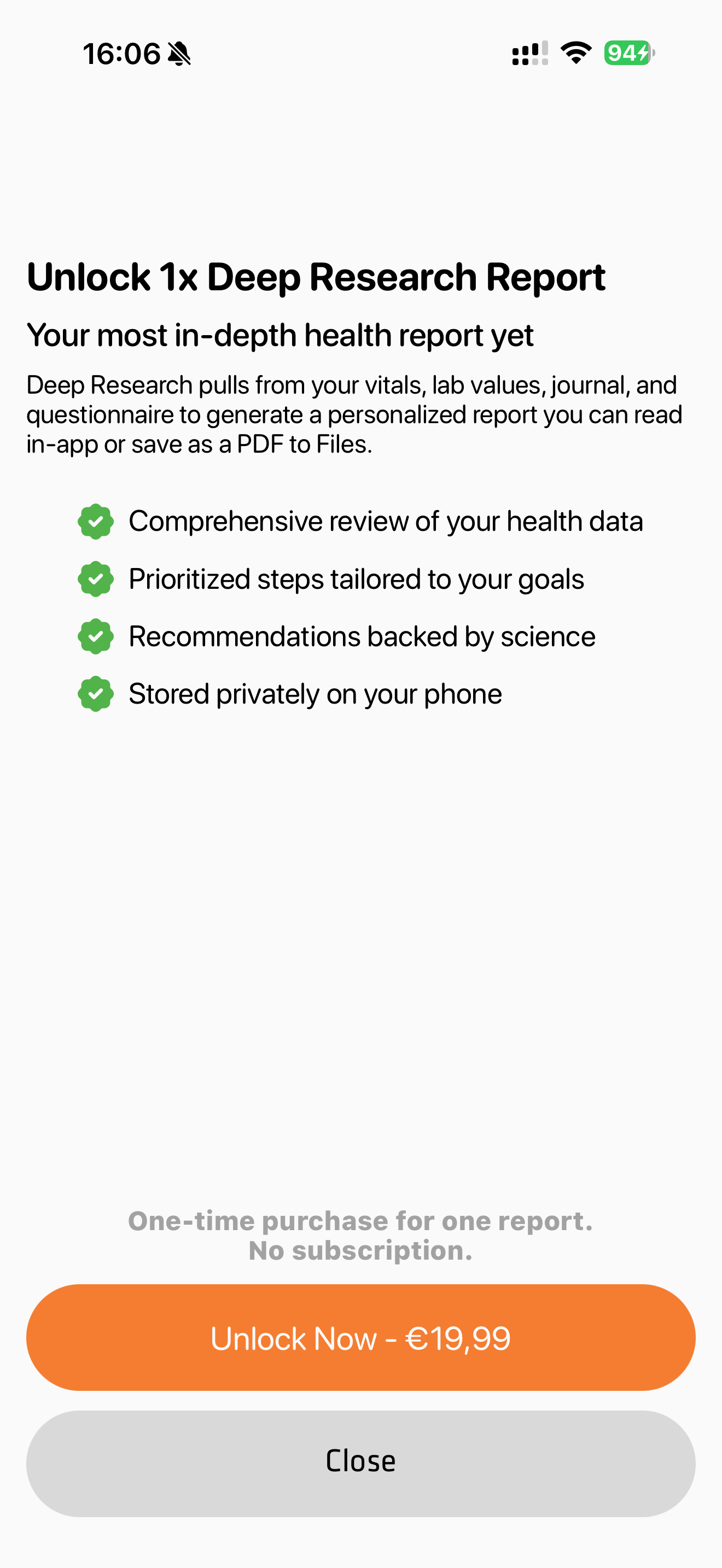 LongevLab Deep Research paywall screenshot inside iPhone 16 frame